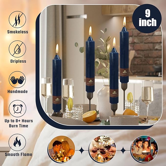 Navy Taper Candle 9 Inch Long Candlesticks Unscented Dripless Tapered Candle Set for Home Decor Wedding Party Dinner Candles, 4 Pack