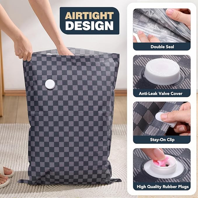 6 Pack Cloth Vacuum Storage Bags, Vacuum Seal Bags for Clothing with Hand Pump, 2 Large+4 Medium, 80% Space Saver Bags for Luggage, Comforters,Blankets, Home Travel Essentials (Dark Blue Checkered)