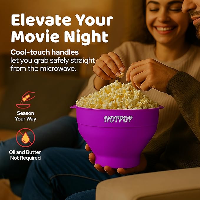 The Original Hotpop Microwave Popcorn Popper, Silicone Popcorn Maker, Collapsible Bowl BPA-Free and Dishwasher Safe- 20 Colors Available (Purple)