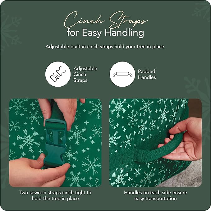 Covermates Keepsakes Christmas Tree Cinch Bag – Durable Polyester Tree Storage with Reinforced Handles & Built-in Cinch Straps – Trees, Lights & Holiday Décor, Green Snowflake