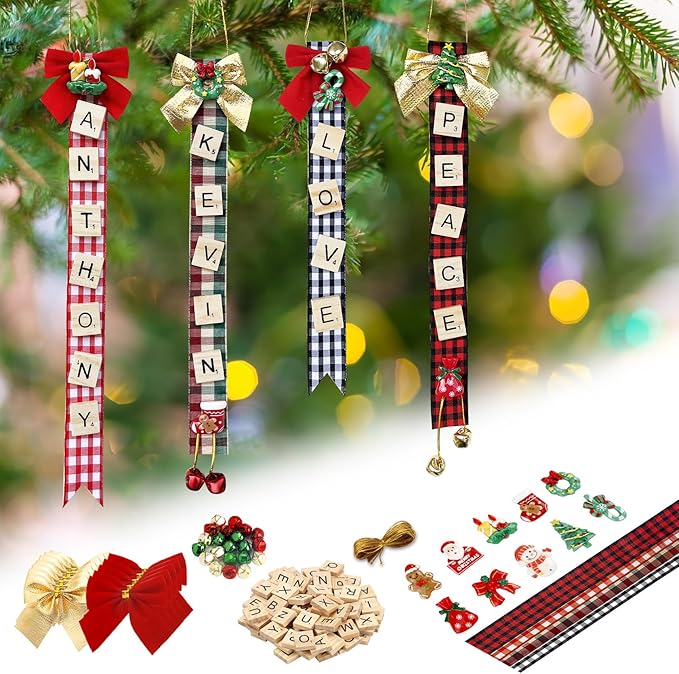 Christmas Ornaments Tree Decorations Personalized Crafts for Adults Kit DIY Ribbon Letter Tiles Bells Rustic Stockings Name Tags Hanging Xmas Decor for Gifts Wreath Holiday(Plaid)