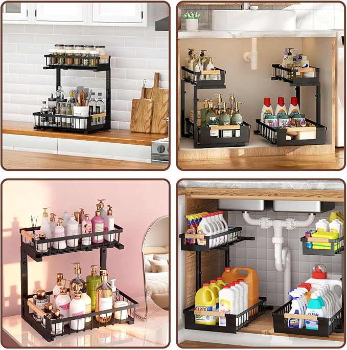 Under Sink Organizer, L-Shape 2 Tier Pull Out Cabinet Organizer with Adjustable Height, Metal Sliding Storage Rack for Kitchen Bathroom Pantry, Black, 2 Pack