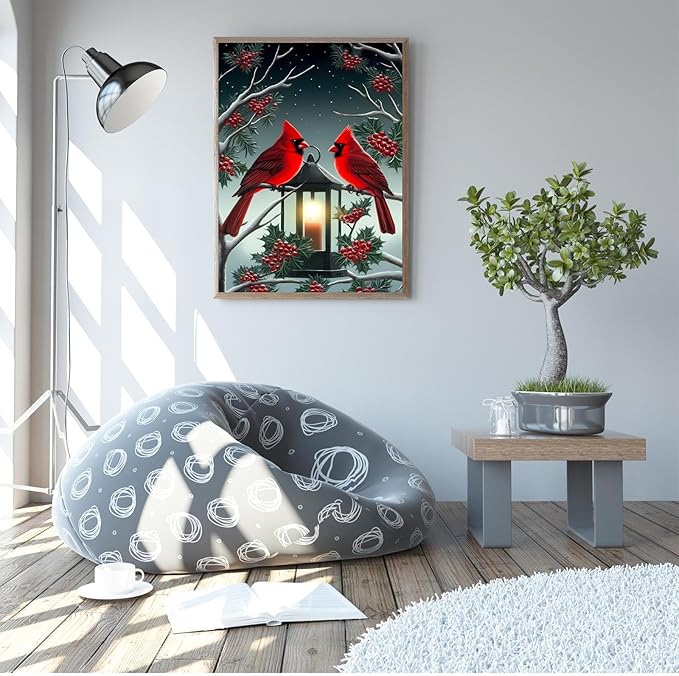 GUAIEUW Candle Flame Red Bird Diamond Painting Kit for Adults, Full Round Diamond Cardinal Bird 5D Diamond Painting DIY Art Crafts for Winter Home Wall Decor Holiday Gift 12x16 Inch