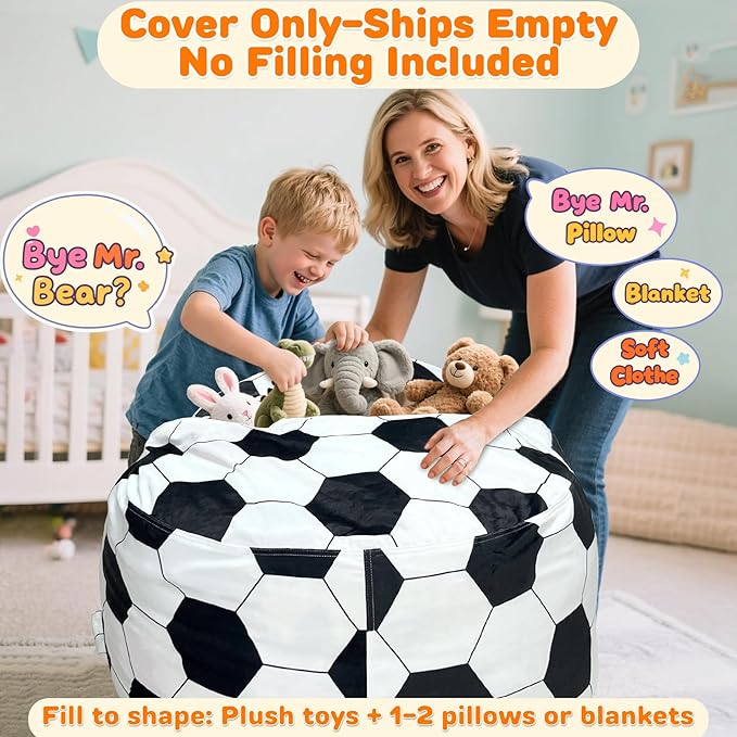 Lukeight Soccer Stuffed Animals Storage Bean Bag Chair Cover Only (Ships Empty, No Filling) - Velvet YKK Zipper Beanbag Cover for Toddlers and Kids, Washable Plush Toy Organizer, Large 27" D x 16" H
