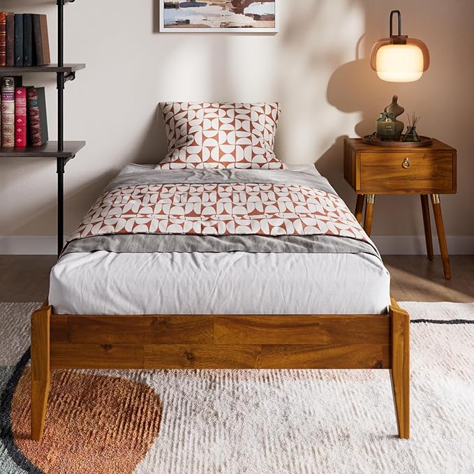 Bme Dinkee Twin Bed Frames without Headboard, Acacia Wood 15 Inch Platform Bed, Slat Support, Japanese Joinery Bed, No Box Spring Needed, Easy Assembly, Minimalist Modern and Bohemian Style, Caramel