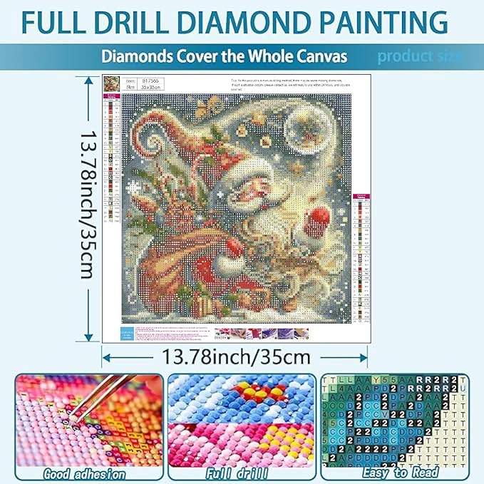 Christmas Santa Claus Diamond Art Painting Kits for Adults, Winter Diamond Painting Kits for Adults Beginners, 5D DIY Full Drill Diamond Dot Gem Art Kits for Adult, Home Wall Decor 13.7x13.7 In