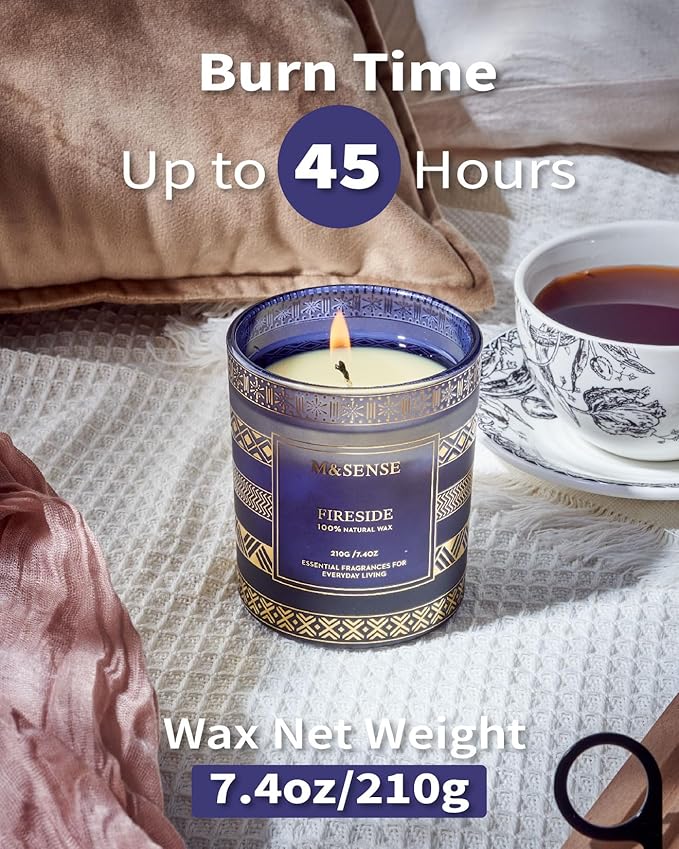M&SENSE Fireside Scented Candle for Men, Masculine 7.4oz Winter Home Fragrance, Luxury Candle for Cozy Winter Room Decor, Housewarming New Year Gifts