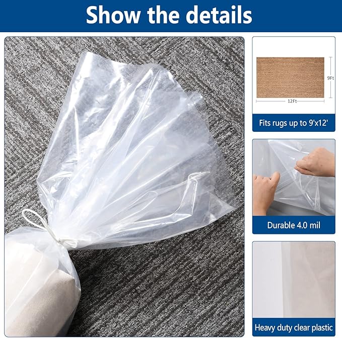 3 Count Giant Plastic Rug Storage Bag 26"W x 130"L Carpet Storage Bags Fits Rug up to 9'x12' Perfect for Indoor Outdoor Carpet Storage, Moving and Shipping