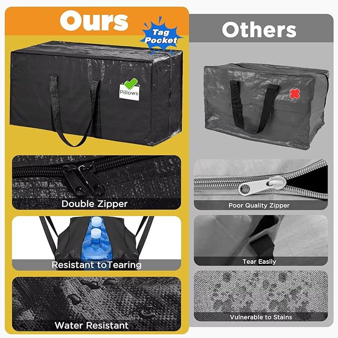 Extra Large Moving Bags Heavy Duty Storage Bags with Zipper Handles, BETU 4 Pack Clothes Storage Totes Bins Packing Moving Boxes, Moving Supplies for College Dorm Essentials, Space Saving, Black