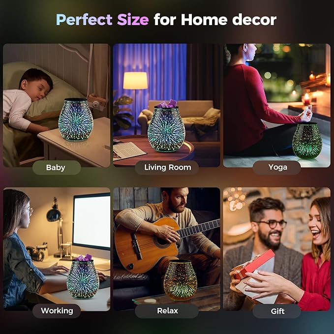 Inrorans Glass Electric Wax Melt Warmer Oil Burner with Stable Heating PTC Reusable Silicone Tray 7 Colorful Changing Led Light Night Light Scent Warmer for Home Fragrance Warmers-Fireworks Timer