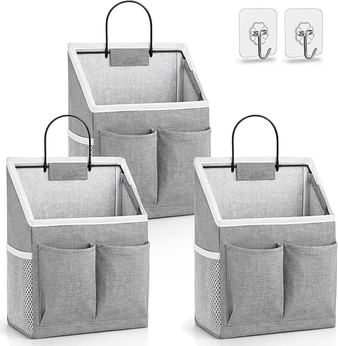 Kanrichu 3pcs Wall Hanging Organizer Bag, Linen Fabric Door Hanging Storage Basket with Pockets, Waterproof Bin for Kitchen, Bedroom, Office, RV Camper (Gray)