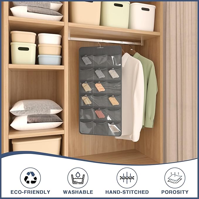 Hanging Closet Underwear Organizer, 28-Pockets Dual-Sided Storage for Socks, Bras, and Leggings Lingerie and Kids’ Clothing, Dark Gray