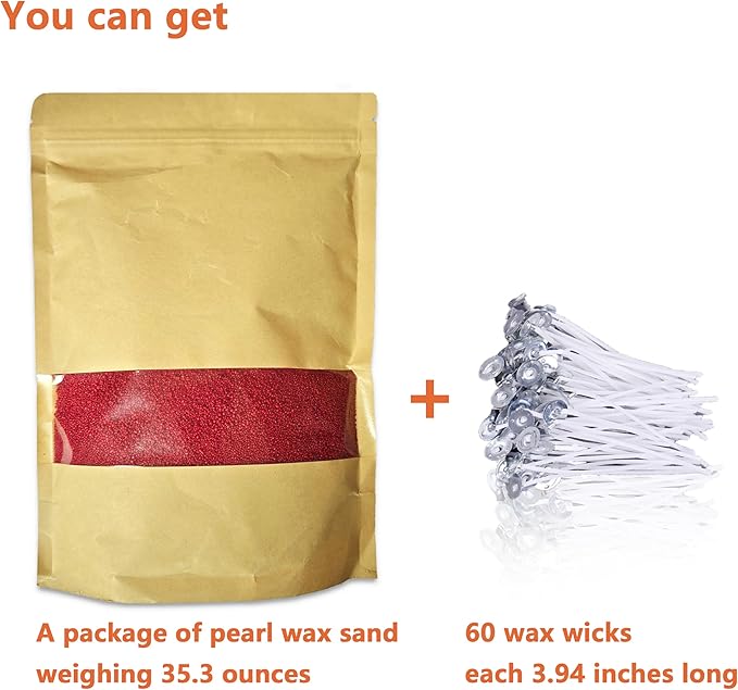 DRMAISON Pearled Candle Wax Sand DIY Kit - 35.3 oz, Cherry Red, Non-Toxic&Smoke-Free, Refillable with 60 Wicks, Long-Lasting Flame, Highly Customizable for Wedding, Party&Holiday Decor