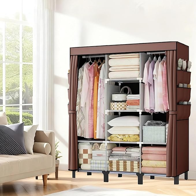 Portable Wardrobe, Easy Hanging Closet 6 Side Pockets Large Capacity Clothes Organizer Comes with 2 Hanging Poles and Storage Shelves, Width 130cm, Depth 45cm, Height 172cm (Coffee)