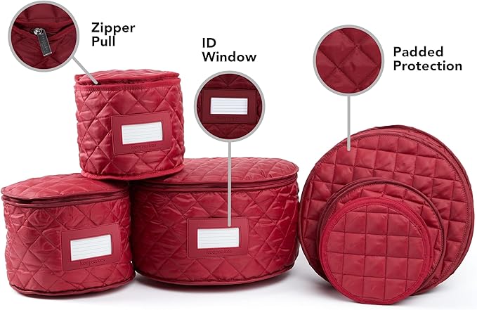 Covermates Keepsakes Dish Storage Set – Padded China & Dinnerware Storage Cases with Dividers, Cup & Stemware Storage, Quilted Polyester Protection, ID Window, Red