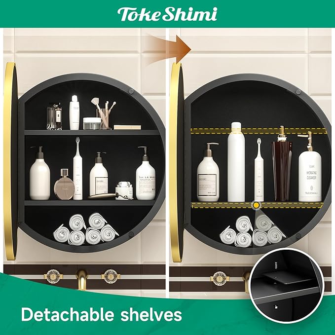 TokeShimi 24 Inch Round Bathroom Medicine Cabinet with Mirror Surface Mount Only Circular Gold Framed Farmhouse Medicine Cabinets for Wall Small Circle Mirrored Bath Cabinet with Vanity Mirror
