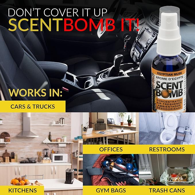 Scent Bomb Air Freshener Spray, Long-Lasting Odor Eliminator - Effective Deodorizer for Home & Car, Fresh Room Spray for Kitchen, Bathroom & Smell Neutralizer - 1 oz Pack of 4, Egyptian Musk Scent
