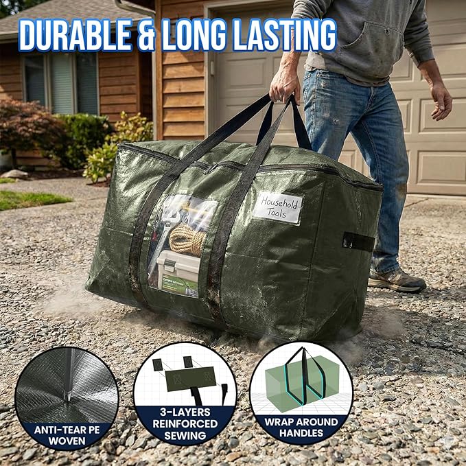 TAILI 4 Pack Green Extra Large Storage Bags, Heavy Duty Totes with Visible Window, Wrap Around Handles, Perfect for Moving
