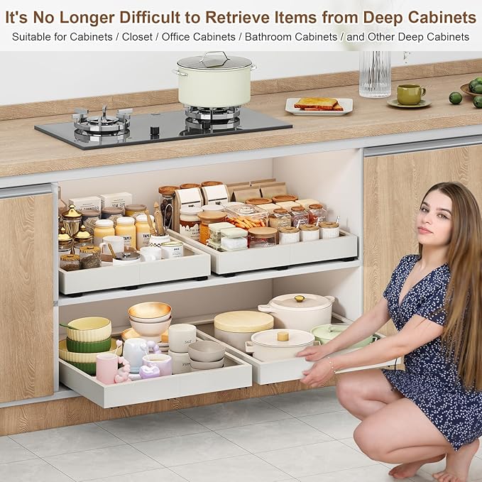 Pull out Cabinet Organizer,Width (16"-21") and Depth (13"-17") Expandable With 3 Rails,No Drill Adjustable Slide out Drawers for Kitchen,Pantry,Adhesive Roll out Shelves,for Cabinets Without Lip,White