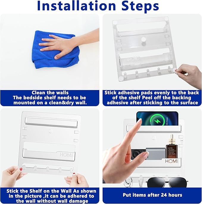 Bedside Shelf Wall Mount,Floating Bedside Adhesive Shelves Accessories,Wall Shelf Organizer and Storage for Bedroom,Camper,Dorm,Apartment-Phone,Earphone,Kindle,Remote Holder,Cable Clip,5 Hooks-Clear