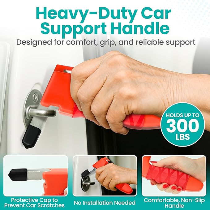 Pack 2 - Car Handle Assist for Elderly Car Door Handle for Elderly Grip & Support Bar, 3 in 1 Car Assist Handle for Elderly with Window Breaker & Seatbelt Cutter (Red)