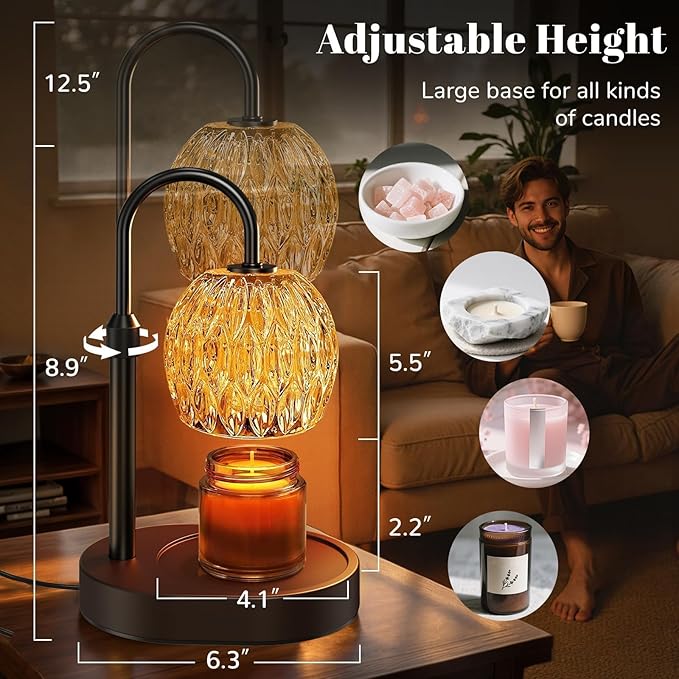 Candle Warmer Lamp with Timer Dimmer,Adjustable Height Wax Melting Lamp for Jar Candles, Aesthetic Vintage Home Decor for New House Warming, Gift for Women Birthday Valentine's Day(Black)