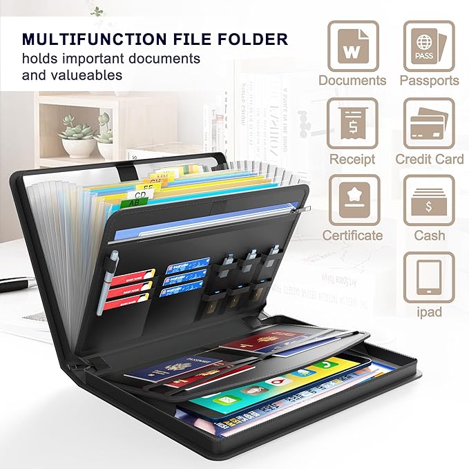 Hontom Accordion File Organizer,5200℉ Fireproof Document Organizer with 13 Pockets,Portable Travel Home Safe Storage File Folder Binder with Zipper for Letter Important Document,Paper,Receipt