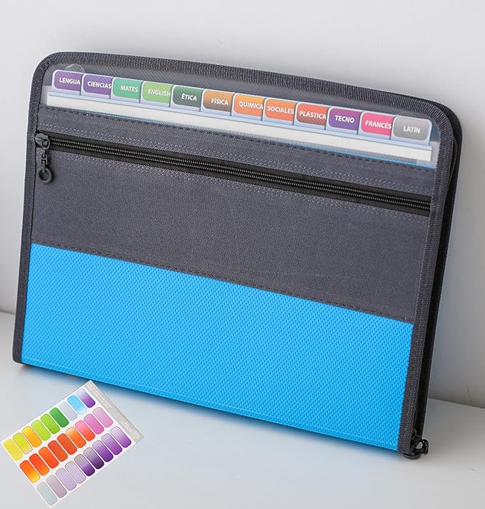 NAFY Expanding File Folder, 13 Pockets Document Organizer with Zipper, A4 Letter Size Portable Accordion Expanding File Folders with 27pcs Multicolor Labels for Home Office School Supplies (Blue)