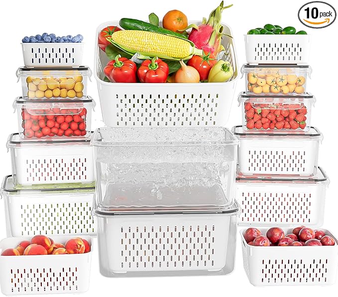 KEMETHY 10 Pack Fruit Storage Containers for Fridge with Removable Colanders - Food Storage Containers with Lids, BPA-Free Produce Containers Keep Fruits, Vegetables, Berry, Meat Fresh Longer
