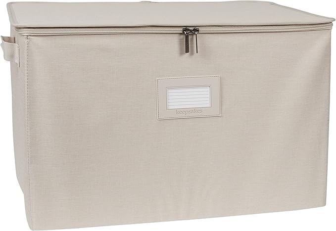 Covermates Keepsakes Zip-Top Storage Box Set, 3 Pack Heavy Duty Polyester Organizer Bins, Stackable Design, ID Window, Reinforced Handles, Closet Home Storage, Beige Heather