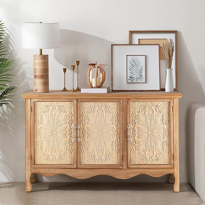 RoyalCraft Buffet Cabinet with Storage, Vintage Solid Wood Sideboard with 3 Carved Doors, Painted Coffee Bar Console Table for Dining Room, Living Room, Kitchen, Distressed Black