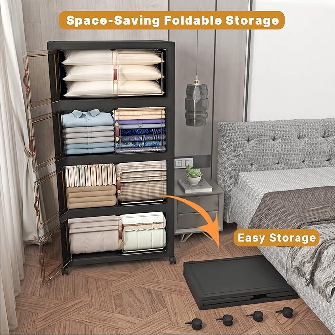 Extra Large Stackable Storage Bins with Lids & Wheels, Foldable Collapsible Closet Organizers Dark Storage Cabinet with Doors for Bedroom Dorm