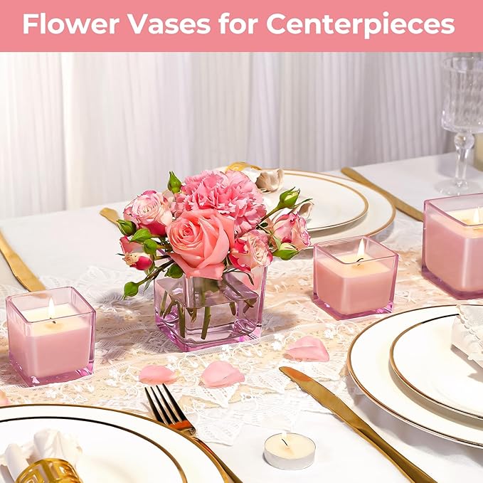 CONNOO 12 Pack 9oz, 3oz Pink Square Candle Jars for Making Candles, Thick Glass Bulk Empty Candle Containers with Airtight Bamboo Lids for Candle Making, Sticky Warning Labels - Dishwasher Safe
