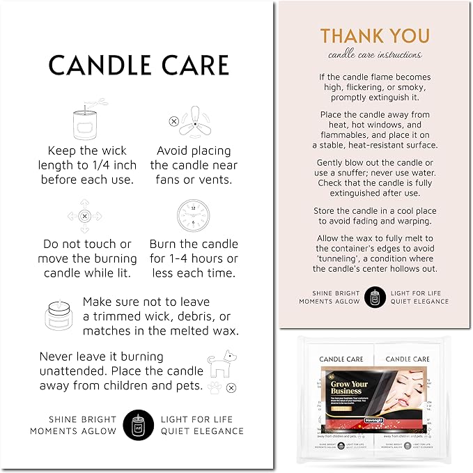 200 pack - Premium Handmade Candle Care Instruction Cards White 2x3.5 in, Small Business | Soy Bees Wax Melt, Candle Makers, Making Supplies Kit Set, Containers, Jars, Pot, Package