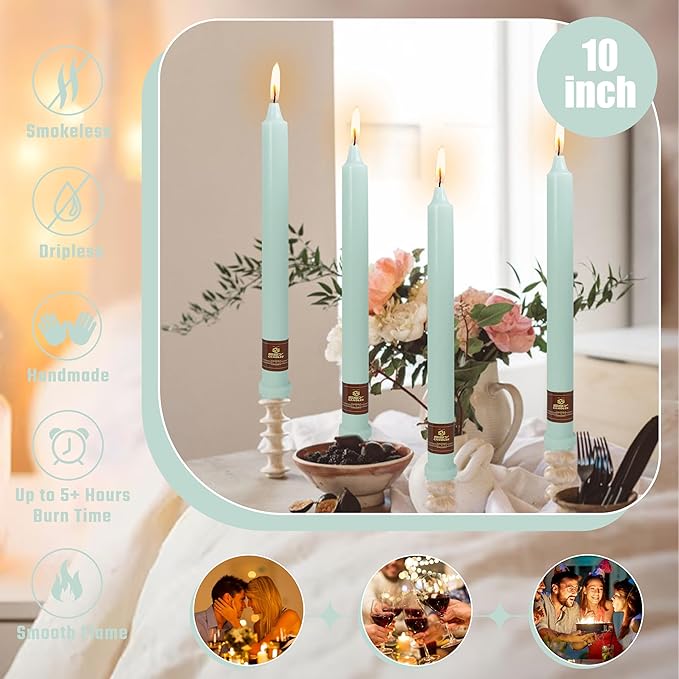 Grey Blue Candlesticks 10 Inch Handmade Dripless Taper Candles Unscented Colored Candle Set, Pack of 4 - Up to 8 Hours Burn