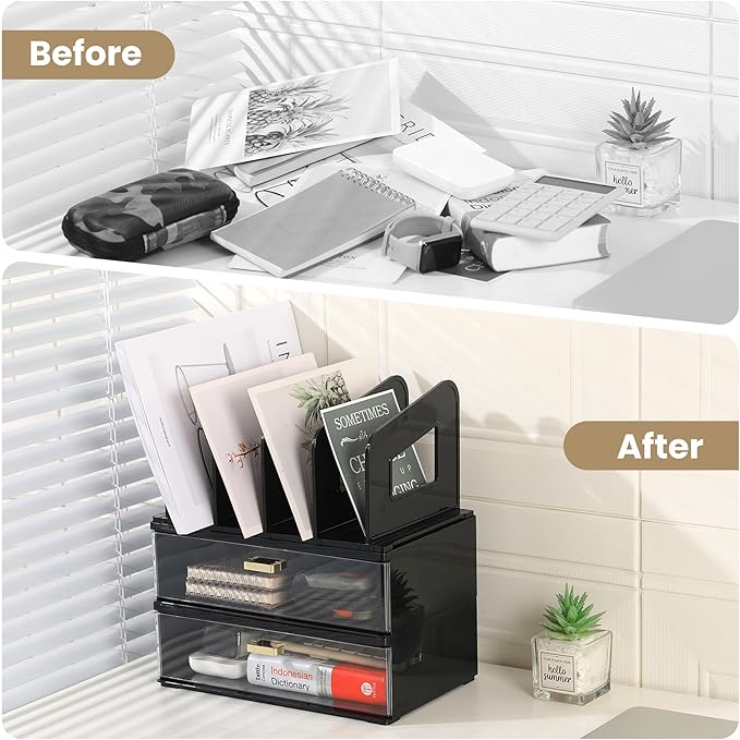 LALOBLUE Black Acrylic Desk Organizer with Drawer & File Holder, Stackable Modular Storage System, Multi-Layer Desktop Organizer, Space Saving Office Desk Organizer for Home & Work