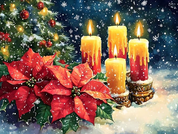 IMLQJES 5D Diamond Painting Kit for Adults - Candle Flower in Snow - DIY Christmas Diamond Square Diamond Art Kit - Winter Art for Home Wall Decor 8x10 Inch
