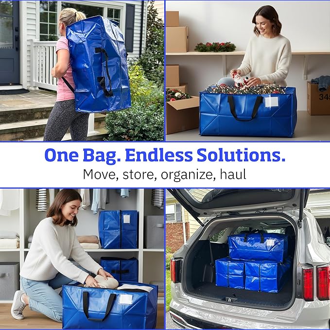 DURASACK Heavy Duty Moving Bag Storage Container Duffle Bag with Zipper, Reinforced Carry Straps and Backpack Straps, Made of Rugged Woven Polypropylene, Pack of 4, Blue