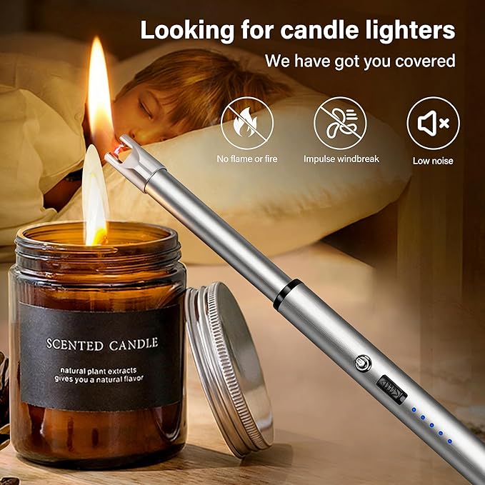 Navpeak Electric Candle Lighter Windproof USB Rechargeable Flameless Long Neck Lighter for Candles Gas Stove Fireplace BBQ Kitchen Grills (Stainless Steel)