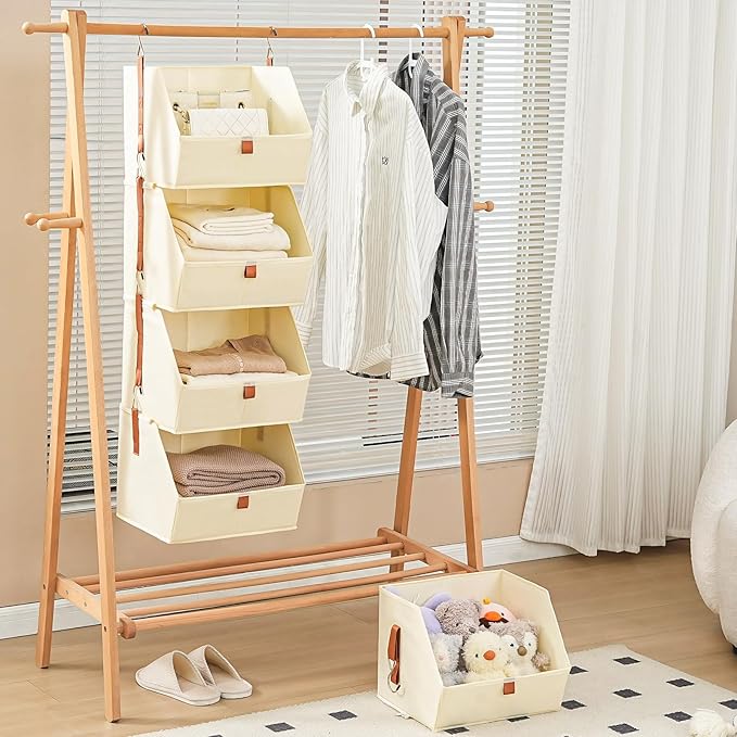 4 Tier Hanging Closet Organizer,Disassemblable Clothes Hanging Shelves,Fabric Closet Organizer System for Space-Saving,Foldable Storage Basket for Bedroom, Rv (1 Pack,Beige)