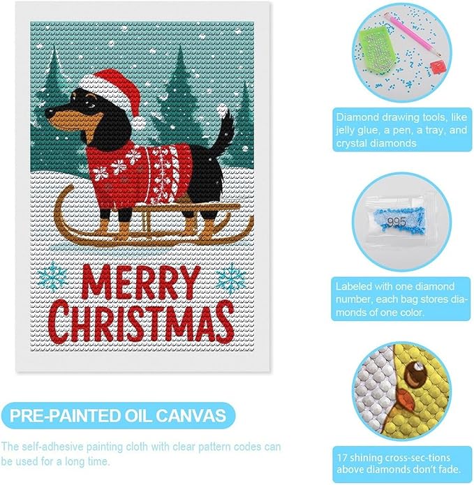 AIVKIEJK Diamond Painting Kits for Adults - Merry Christmas Dachshund Painting DIY 5D Full Drill Diamond Dots Paintings with Diamonds Gem Art and Crafts Home Decor 8"x12"