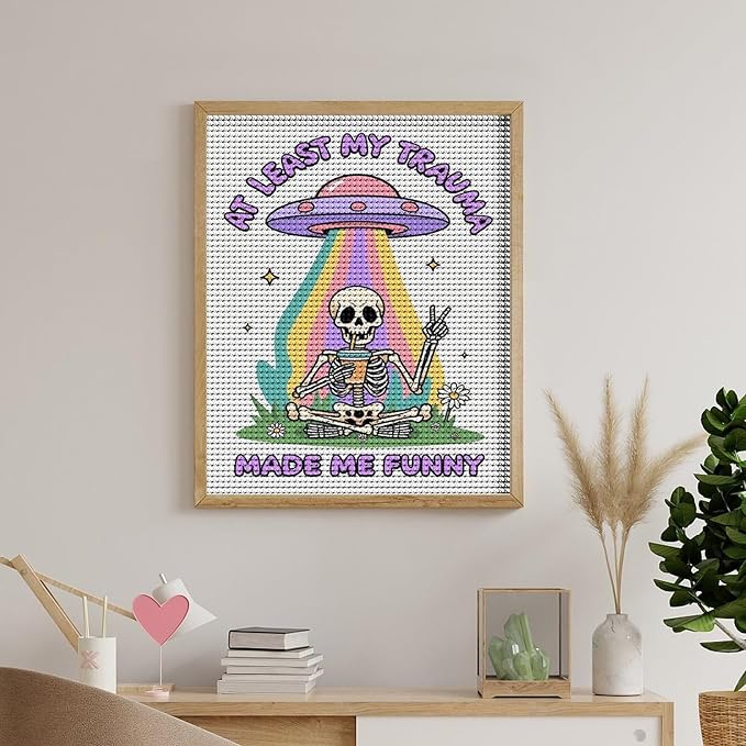 KIVJMSIDJA Diamond Art Kits for Adults Skull Skeleton “At Least My Trauma Made Me Funny” DIY Round Diamond Art for Home Wall Decor & Crafts Gifts 16"x20"