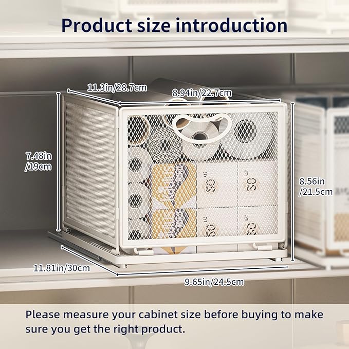 Pull Out Cabinet Organizer, No Drill Adhesive Sliding Drawers for Kitchen, Metal Mesh Wire Storage Shelf for Pantry & Under Sink, White (9.6" W x 11.8" D x 8.4" H)