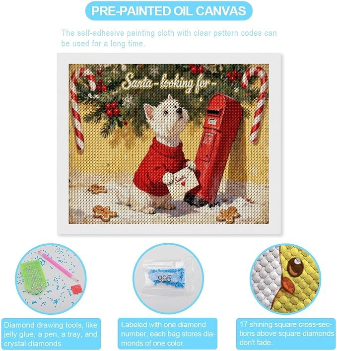 Diamond Painting Kits for Adults - Cute Scottish Terrier Christmas Westie Dog Holding Santa Letter Painting DIY 5D Full Drill Diamond Dots Paintings with Diamonds Gem Art And Crafts Home Decor 16"x20"