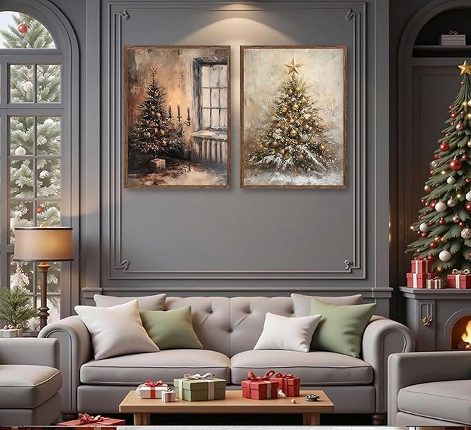 Paint by Number Kit, 2 Pack Christmas Scenes (16x20 Inch Each) - Vintage Tree with Candles & Golden Snowy Tree, DIY Acrylic Painting Kits for Adults Home Decor Unframed