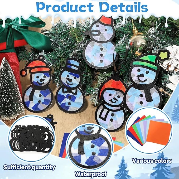 Qyeahkj 36 Set Winter Snowman Suncatchers Crafts Kit DIY Window Tissue Paper Craft Kits Stained Glass Effect Sun Catcher Xmas Holiday Hanging Ornament for Home Activity Art Favor Gift