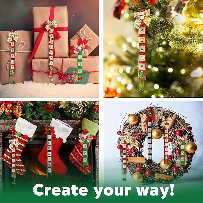 Christmas Ornaments Tree Decorations Personalized Crafts for Adults Kit DIY Ribbon Letter Tiles Bells Rustic Stockings Name Tags Hanging Xmas Decor for Gifts Wreath Holiday(Red & Green)