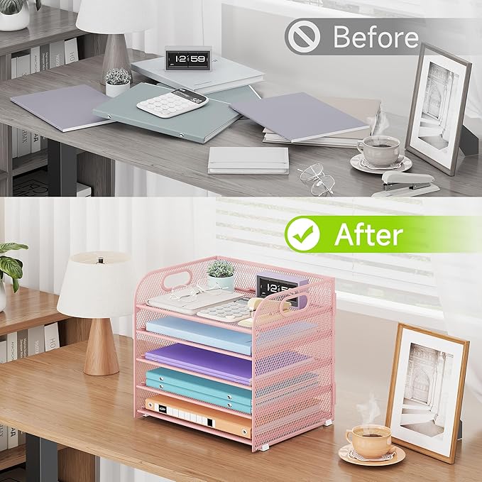 Cawukege 2 Pack 5 Tier Paper Organizer, Letter Tray with Handle, Mesh Desk Organizer, Metal File Organizer, Office Desk Accessories for Home, Office, Classroom, School -Pink