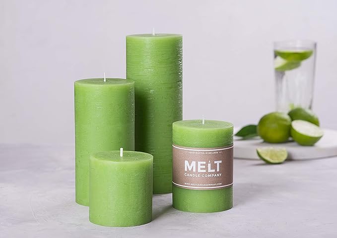 Melt Candle Company Set of 3 Pillar Candles 3" x 4" Unscented Handpoured Weddings, Home Decoration, Restaurants, Spa, Church Smokeless Cotton Wick - Green