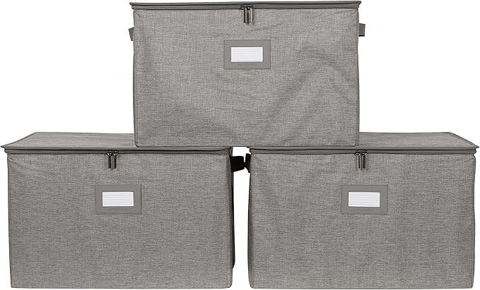 Covermates Keepsakes Zip-Top Storage Box Set, 3 Pack Heavy Duty Polyester Organizer Bins, Stackable Design, ID Window, Reinforced Handles, Closet Home Storage, Grey Heather